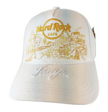 Cargar imagen en el visor de la galería, Hard Rock Cafe® Gorra Modelo Gold Skyline Deluxe Blanco / Barcelona-Roma-Londres-Munich-Las Vegas-Los Angeles-San Francisco
