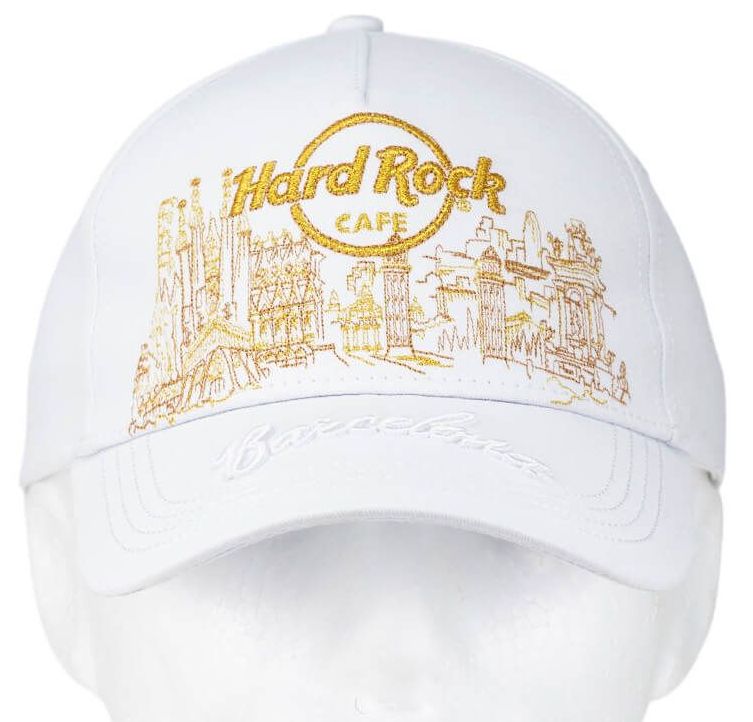 Hard Rock Cafe® Gorra Modelo Gold Skyline Deluxe Blanco / Barcelona-Roma-Londres-Munich-Las Vegas-Los Angeles-San Francisco