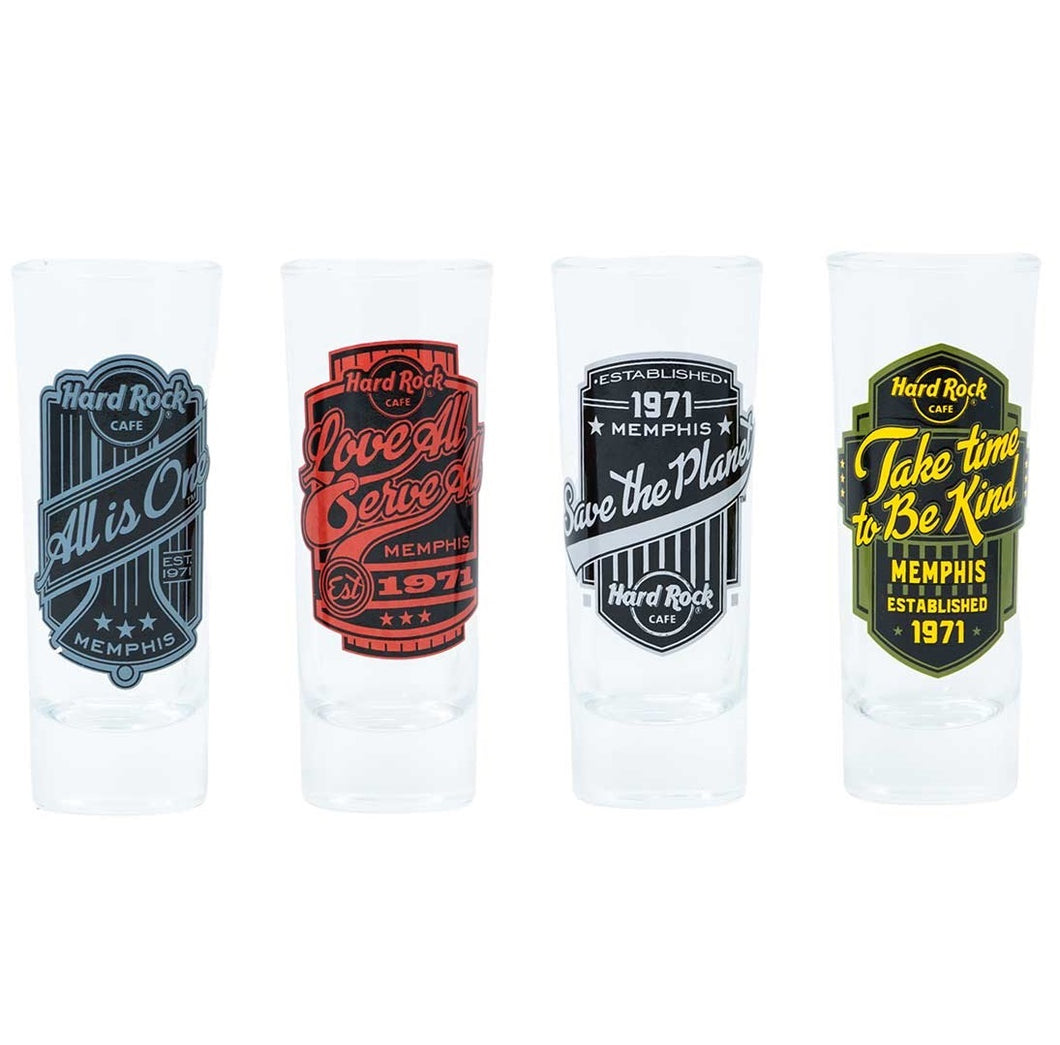 Hard Rock Cafe® Set de 4 Vasos Shot Glasses con los 4 Lemas de HRC Bar