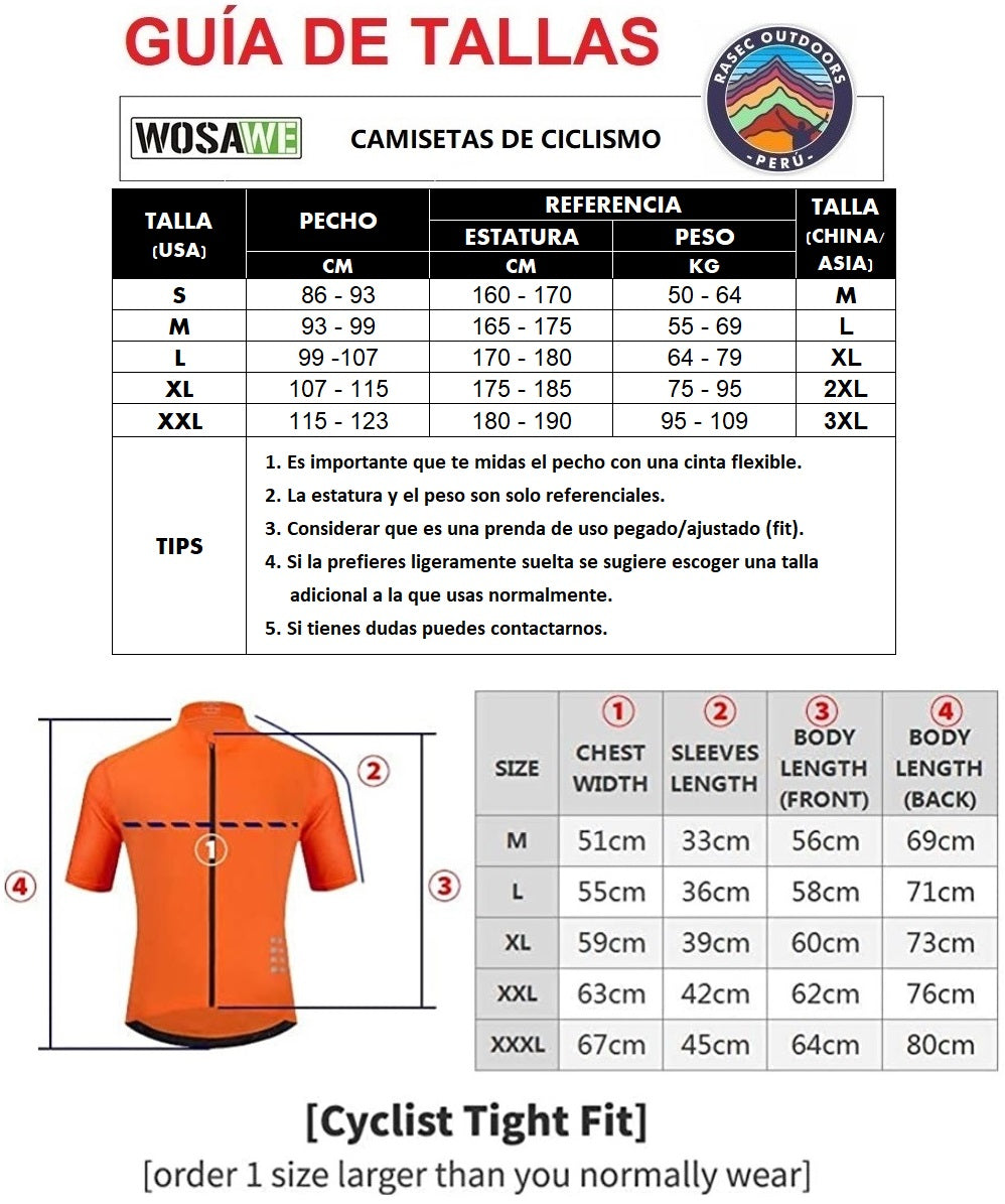 Guía Tallas Tallas Maillot Ciclismo Wosawe® Camiseta Jersey